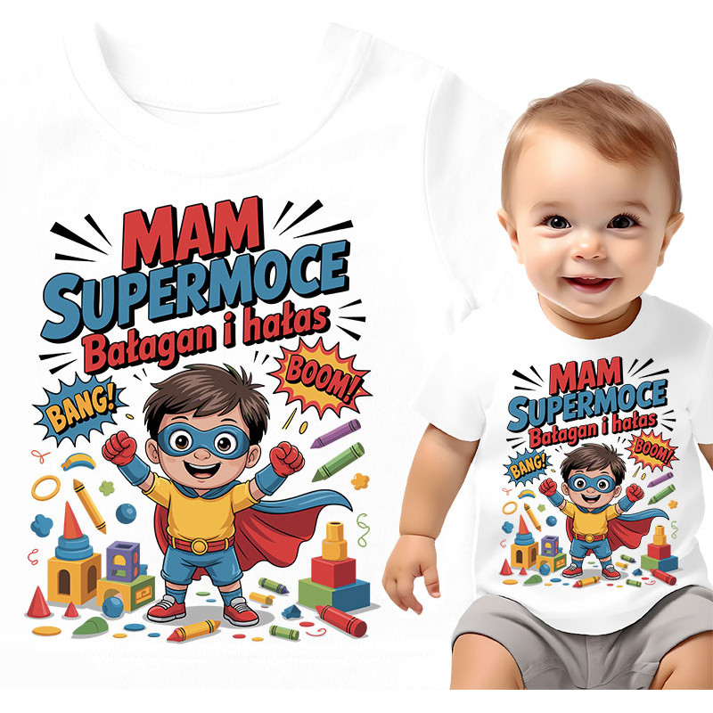 Koszulka dla dzieci 0-2 lata 'Mam Supermoce – Bałagan i Hałas'