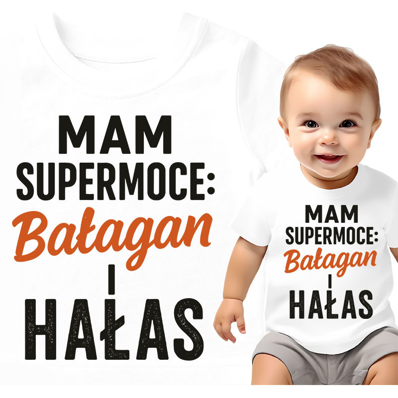 Koszulka dla dzieci 0-2 lata 'Mam Supermoce: Bałagan i Hałas'