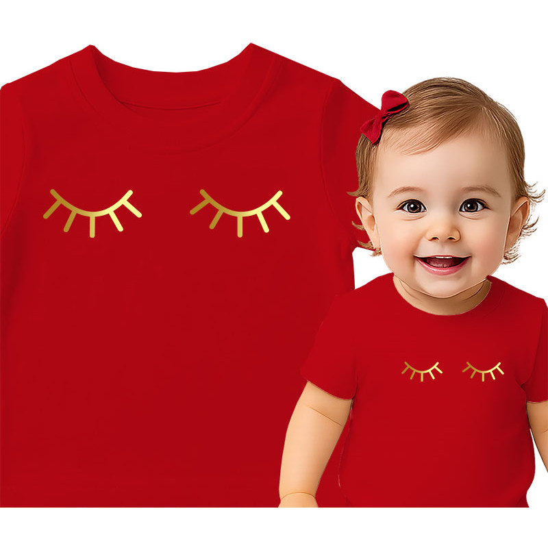 Schattig Rood Baby T-Shirt met Gouden Wimpers