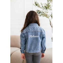 Personalizowana Katana Jeansowa z Perłami dla Dziewczynki