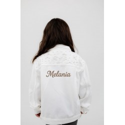 Biała Personalizowana Katana Jeansowa z Perłami dla Dziewczynki